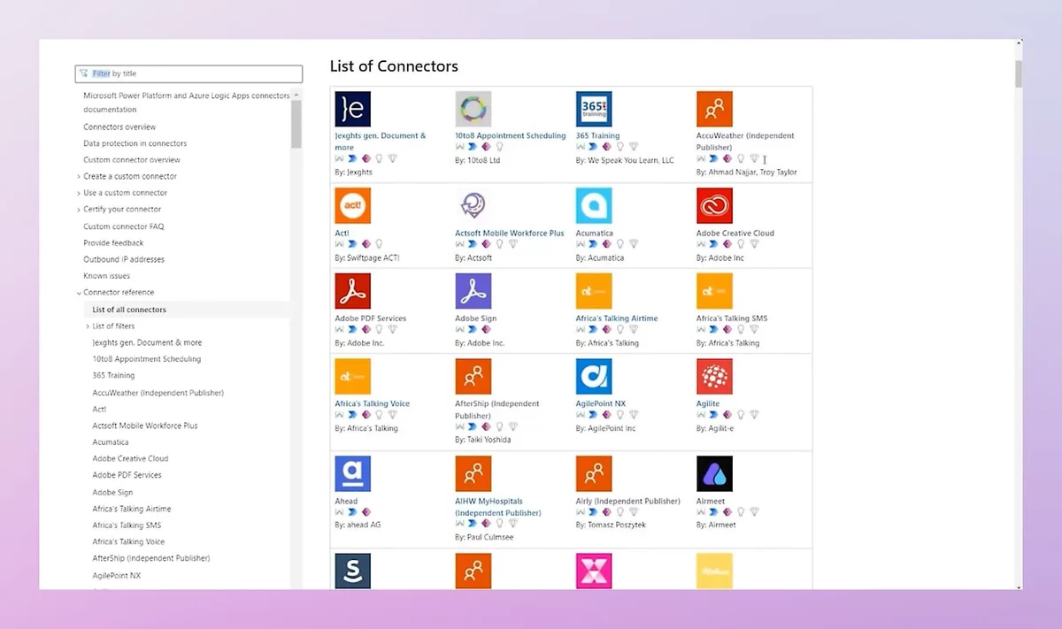 Gallery of connectors available in Microsoft 365