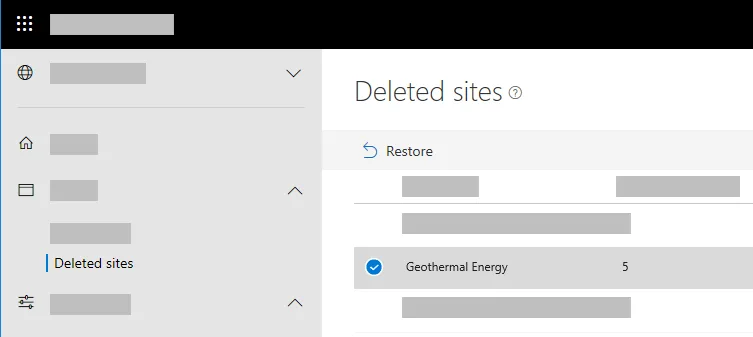 Commande « Restore » dans la section Deleted Sites du SharePoint Admin Center