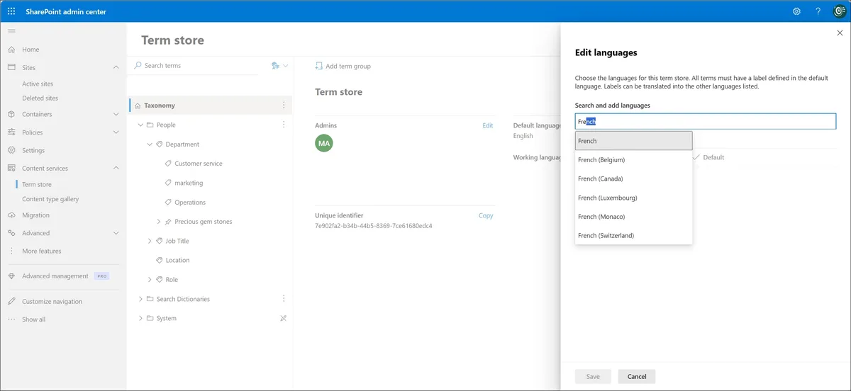 Définir la langue du Term Store dans le SharePoint Admin Center