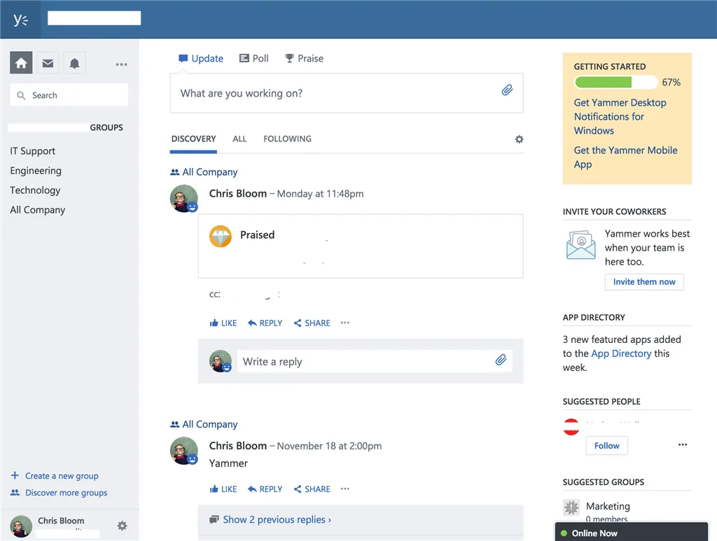 chat di discussione nel social network yammer