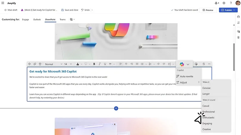 Details zur Nutzung von Copilot in Viva Amplify