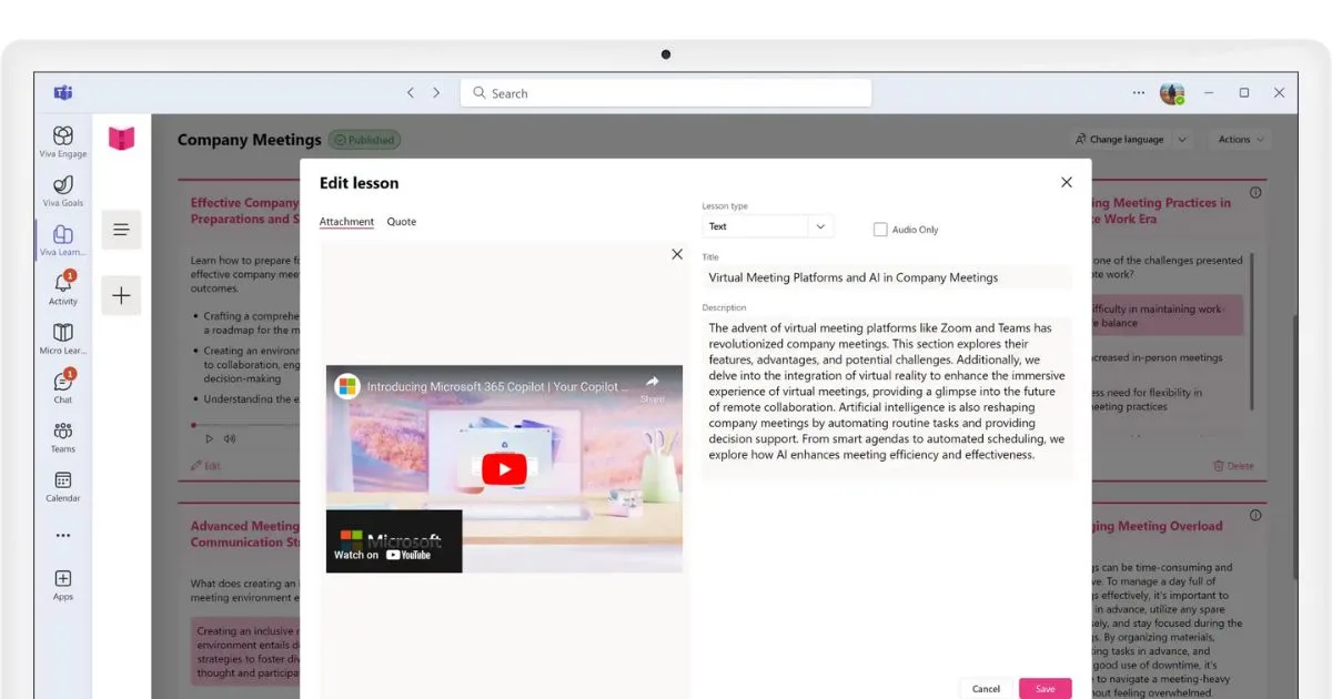 Insertar contenidos de vídeo en las lecciones de Microlearning de intranet.ai