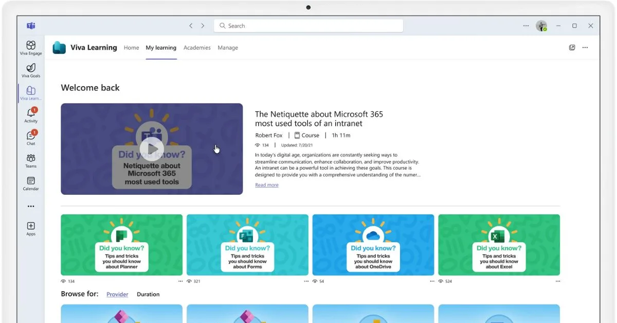 Microlecciones sobre Microsoft 365 de intranet.ai accesibles desde Teams