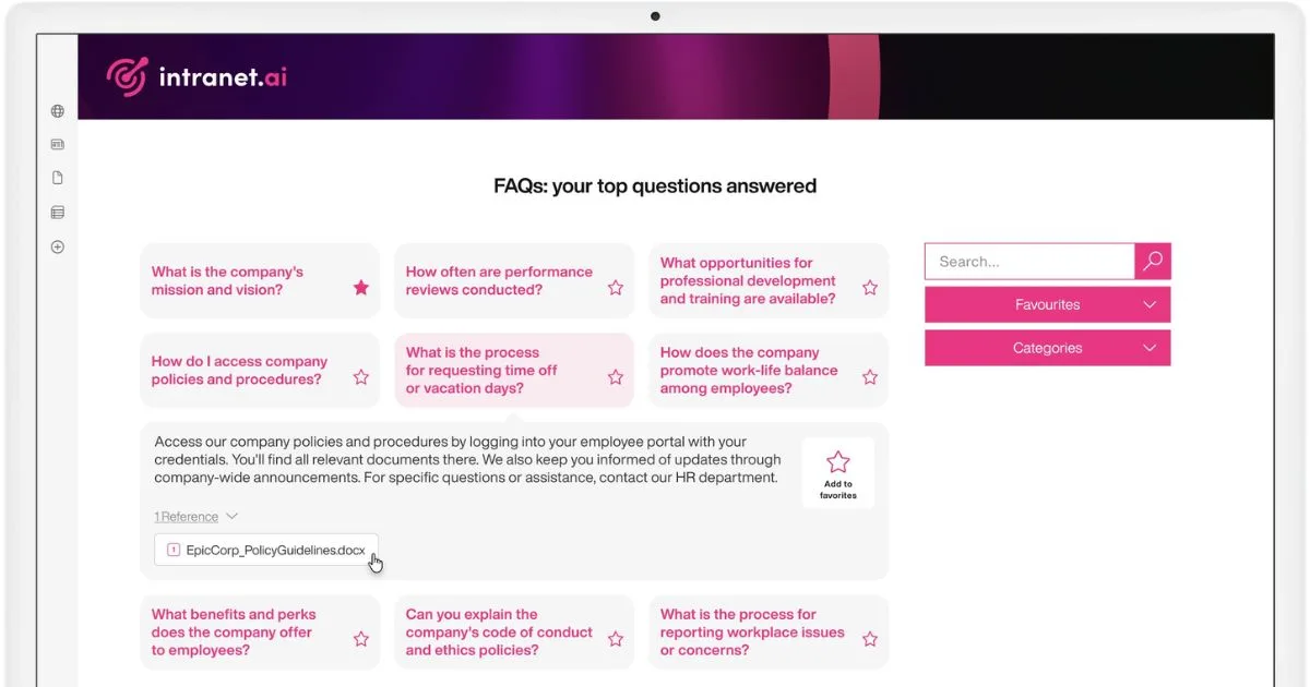Aperçu d’une page FAQ créée avec intranet.ai