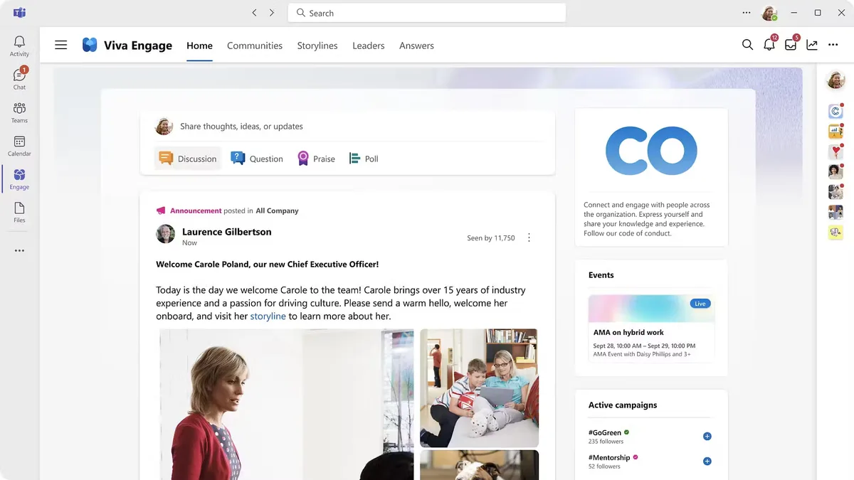 Aperçu de Viva Engage, intégrable à l’intranet de SharePoint Online