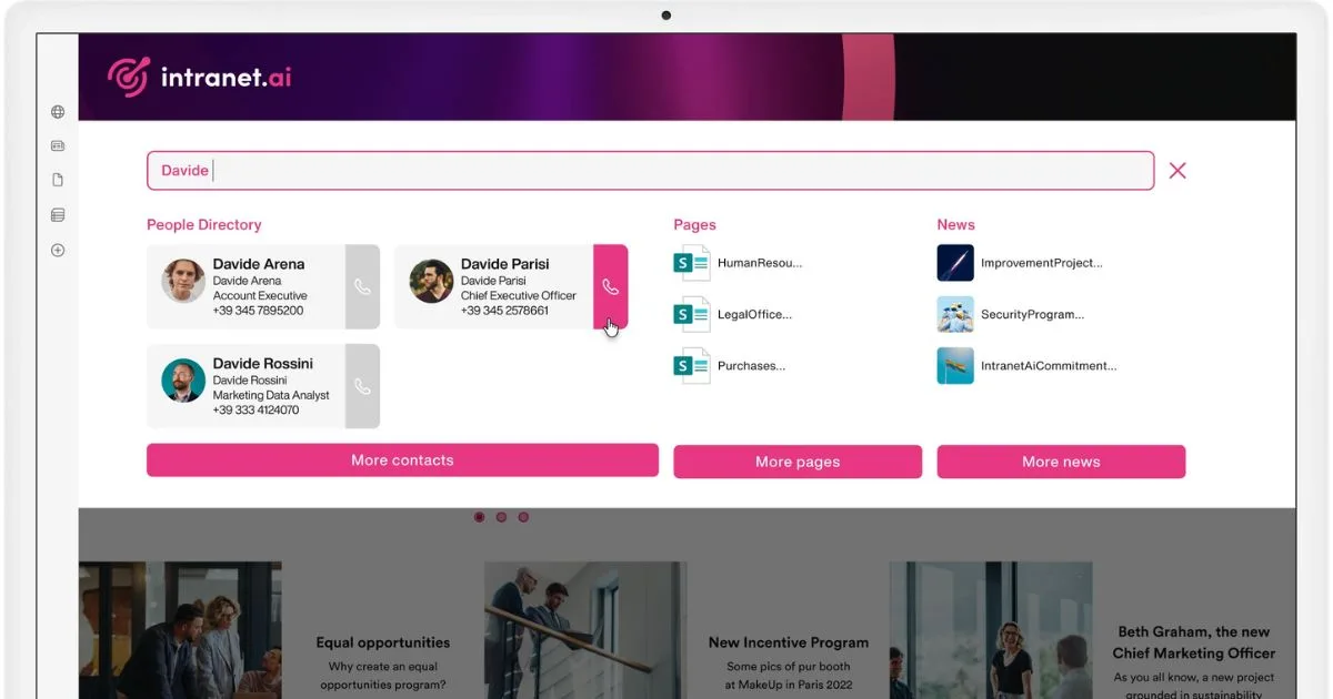 Sofort Kontakte, Dienste und Inhalte im SharePoint-Intranet von intranet.ai finden