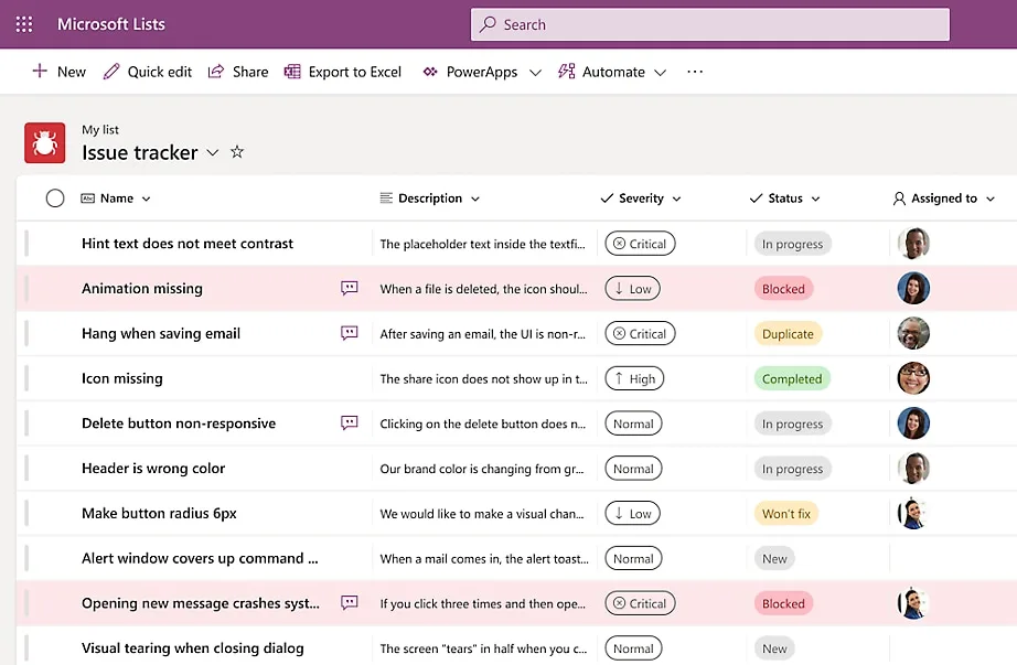 Ejemplo de lista creada con Microsoft Lists