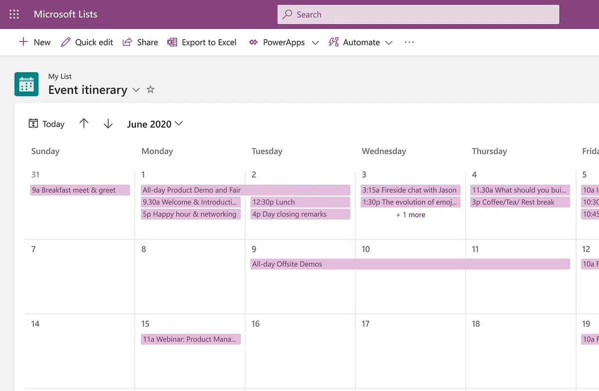 Event itinerary-modellen i Microsoft Lists