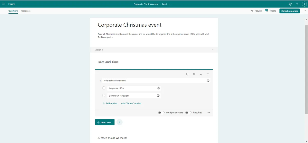 Creare una sezione tematica in un modulo di Microsoft Forms
