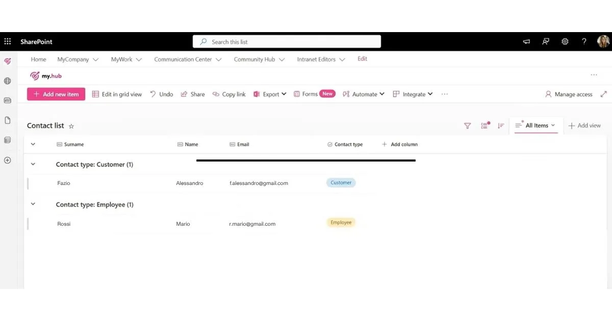 Creare una lista contatti su SharePoint