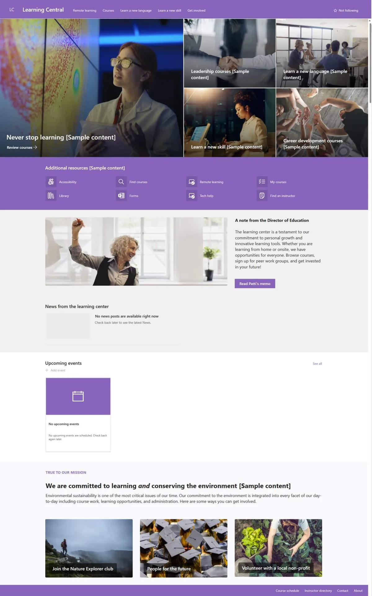Ejemplo de hub de formación en la intranet de SharePoint