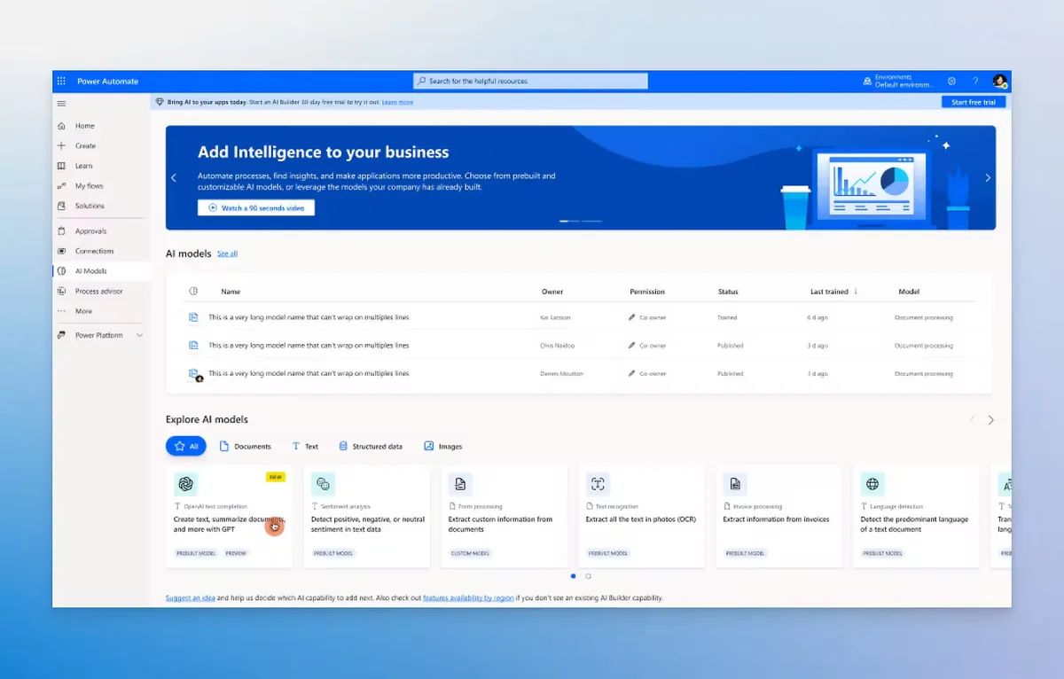 Verfügbare KI-Modelle in Microsoft Power Automate