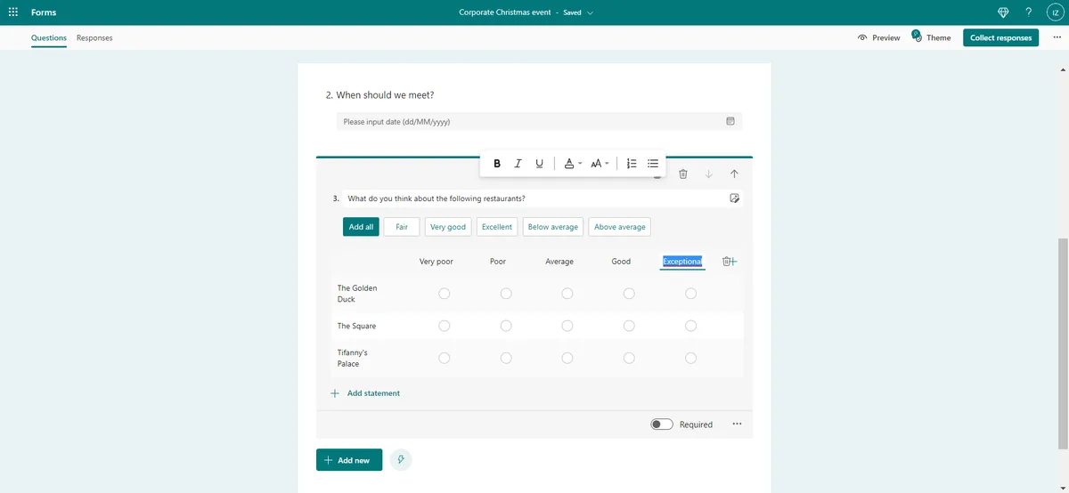 Inserire una tabella di valutazione in un modulo di Microsoft Forms