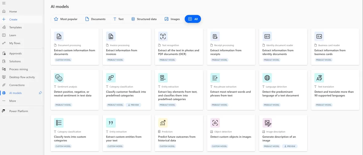 Verfügbare KI-Modelle in Power Automate