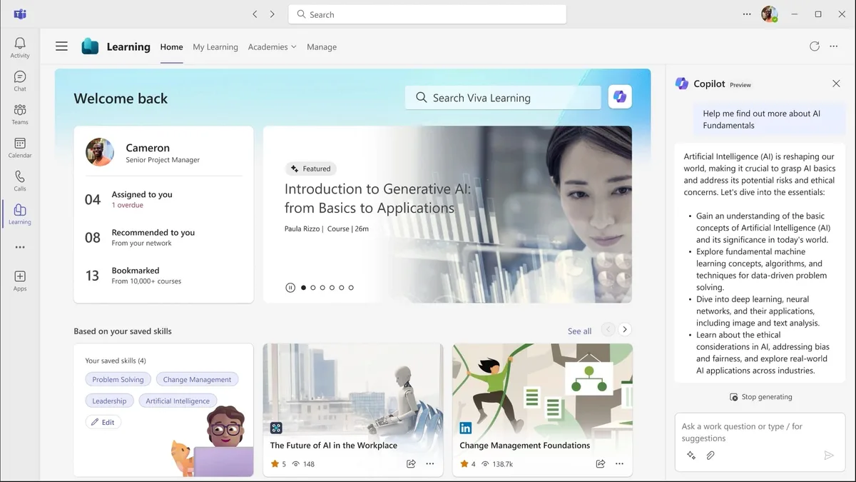 Approfondir le contenu d'un cours avec Copilot dans Viva Learning