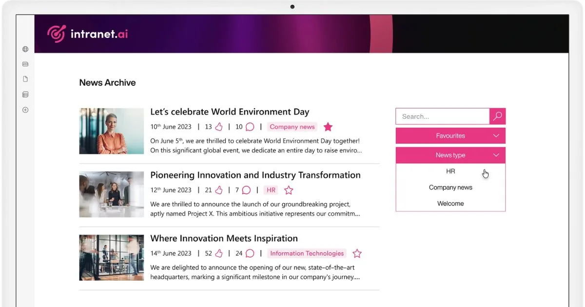Interacciones con las noticias de la intranet SharePoint de intranet.ai