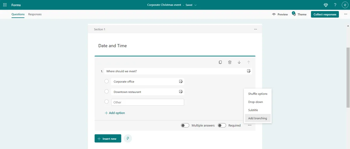 Costruire un percorso utente ramificato con Add Branching in Microsoft Forms