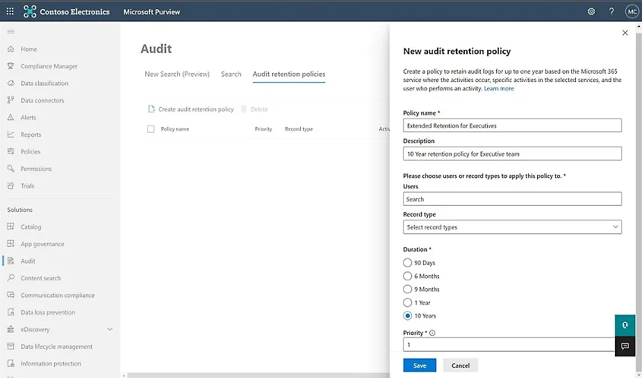 Creare nuove policy per la ritenzione dei dati raccolti dagli audit log