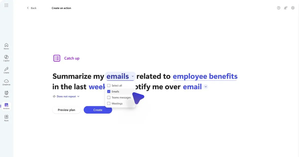 Exempel på användning av Copilot Actions i Microsoft Teams
