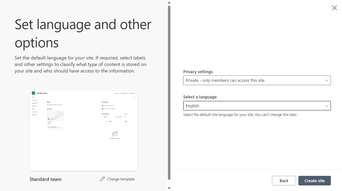 Ulteriore finestra di configurazione per un sito di team standard