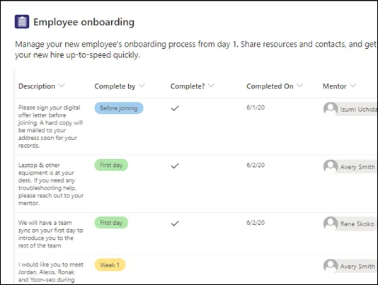 Modèle "Intégration des employés" pour les listes SharePoint