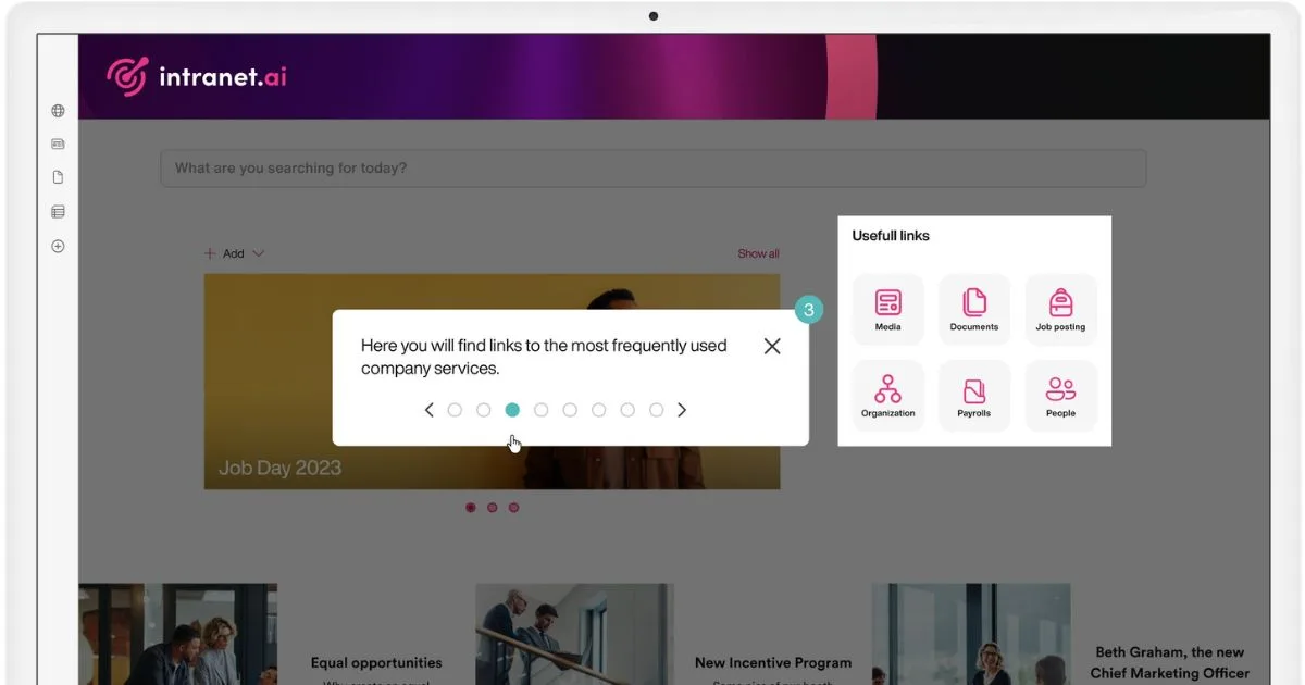 Tour von intranet.ai zur Entdeckung der Funktionen des eigenen Intranets