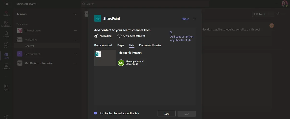 Lägg till en SharePoint-lista eller en document library som en flik i Teams