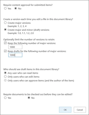 Konfigurationer för versionering av ett SharePoint-bibliotek