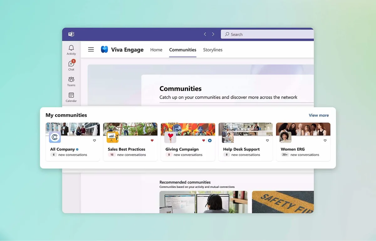 Ejemplo de comunidades empresariales que se pueden crear en Microsoft Viva Engage