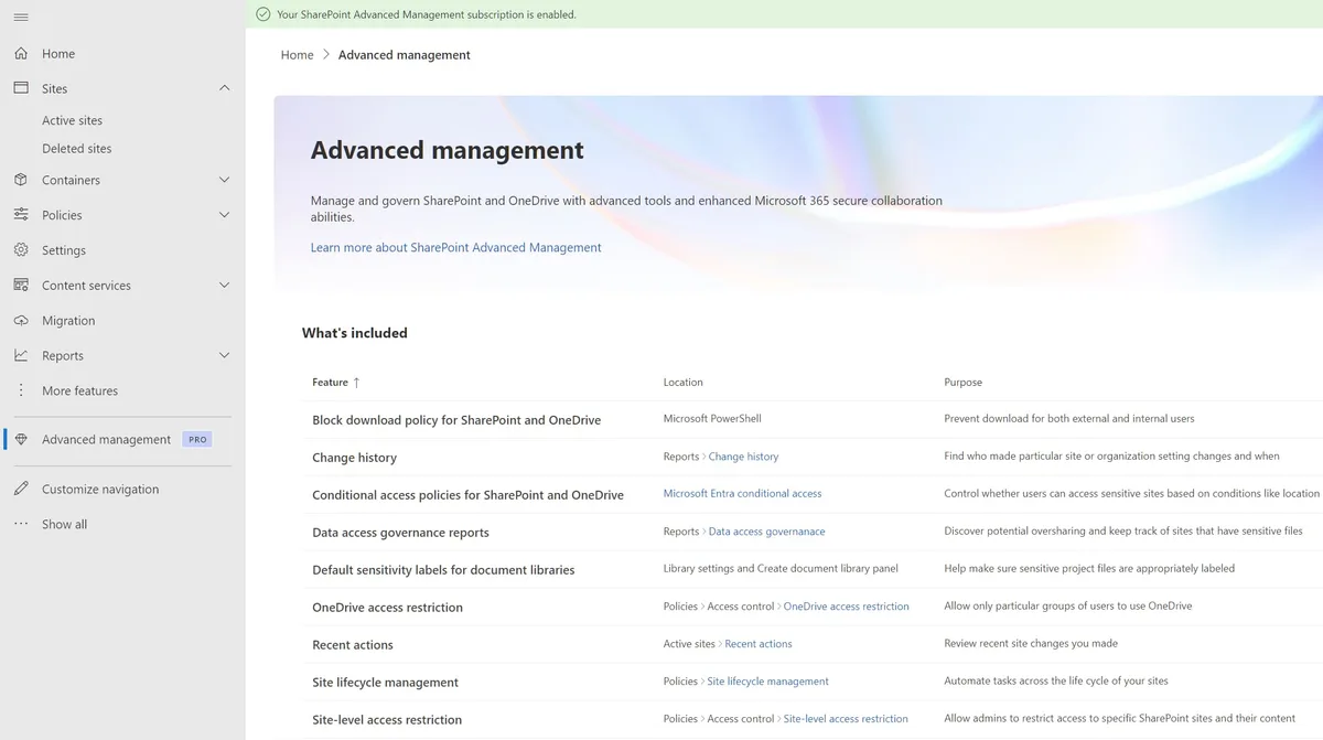 Aperçu de la gestion avancée dans le SharePoint Admin Center