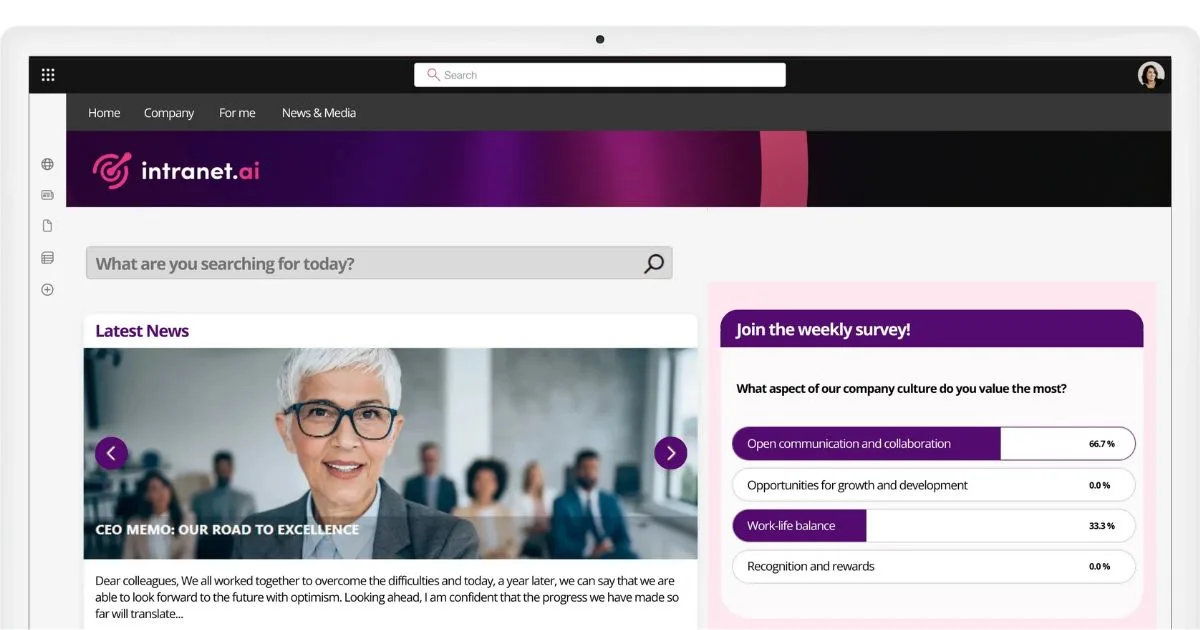Moderna kommunikationer och snabba undersökningar i SharePoint-intranätet från intranet.ai