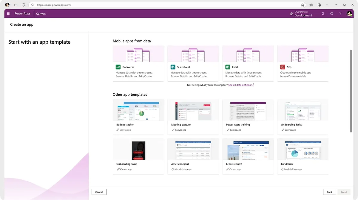 Creare un'applicazione con i template di Microsoft Power Apps