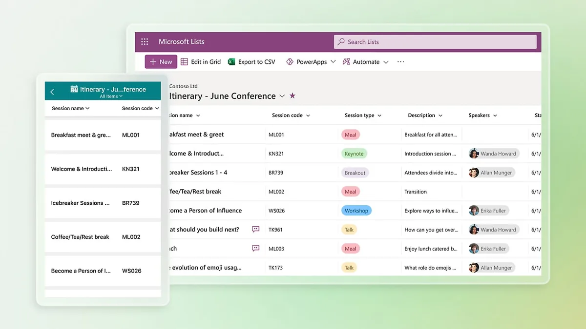 Aperçu de l'application de Microsoft Lists