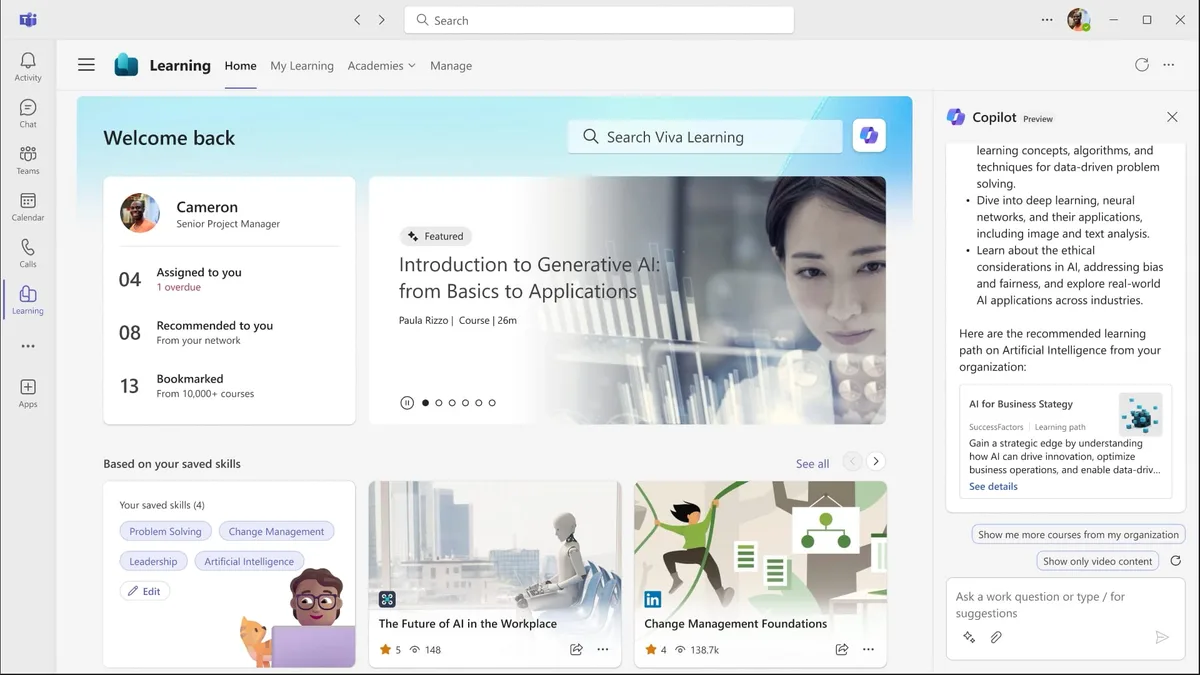 Aperçu de Microsoft Copilot dans Viva Learning