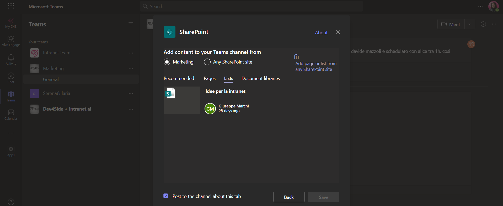 Add a SharePoint list or document library as a tab in Teams