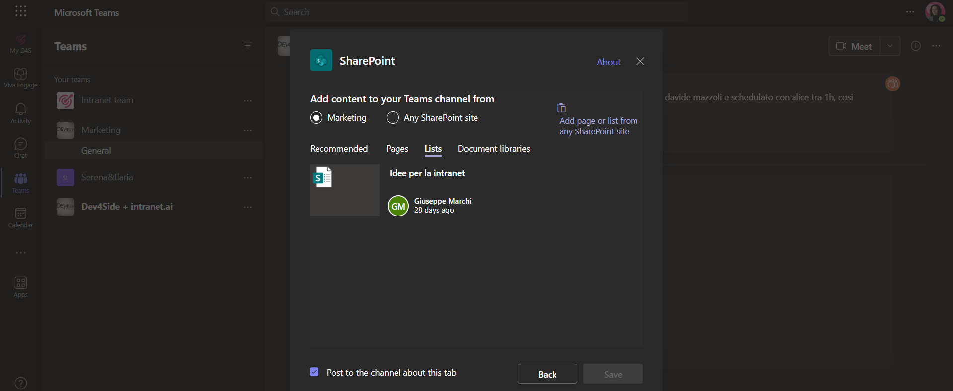 Aggiungere una lista o una document library di SharePoint come tab in Teams