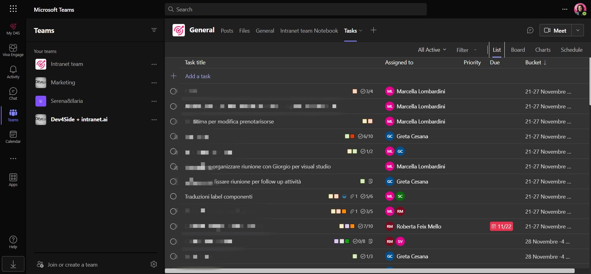 Affichage sous forme de tableau des activités du projet sur Microsoft Teams