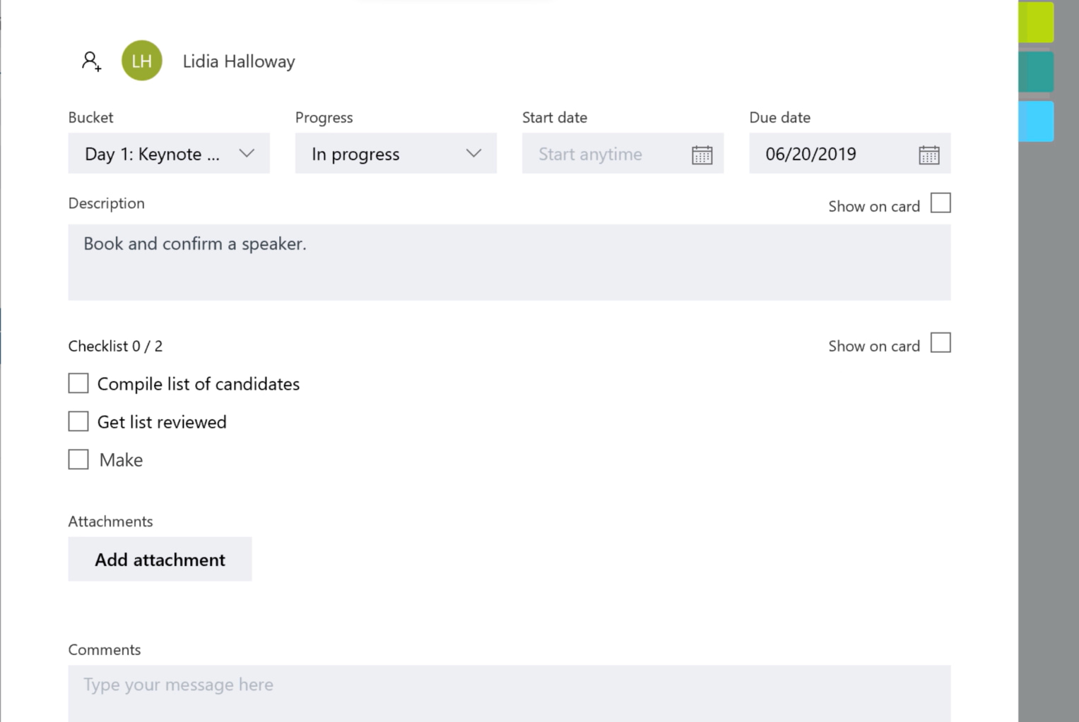 Details of a task board on Microsoft Planner