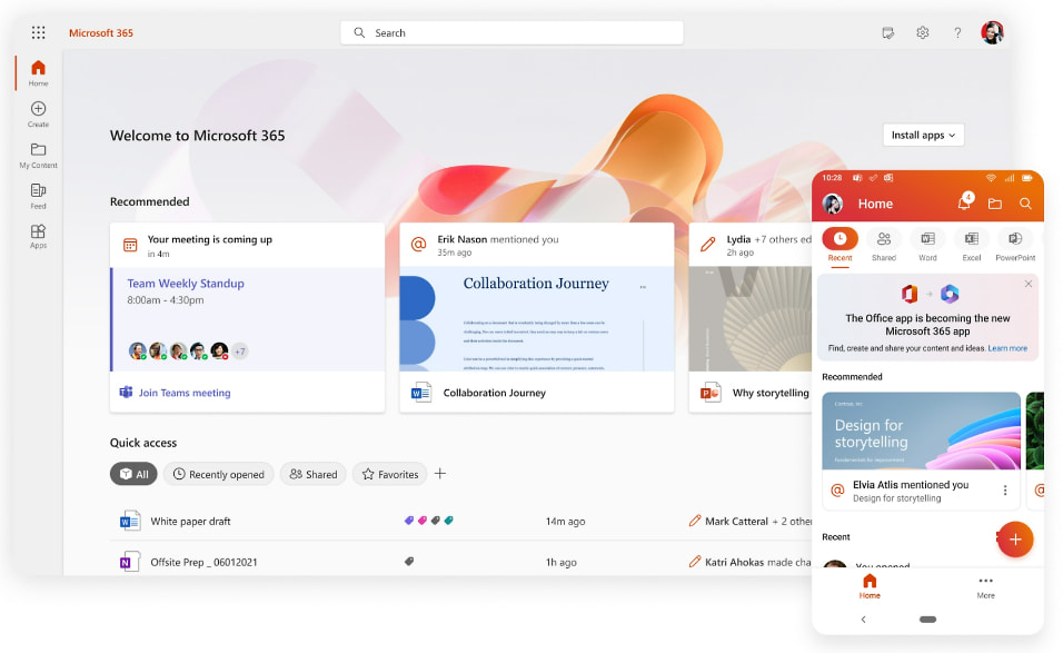 Détail de la page d'accueil Microsoft 365