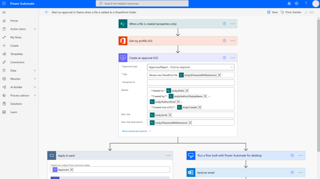 Detail of an automated flow with Power Automate