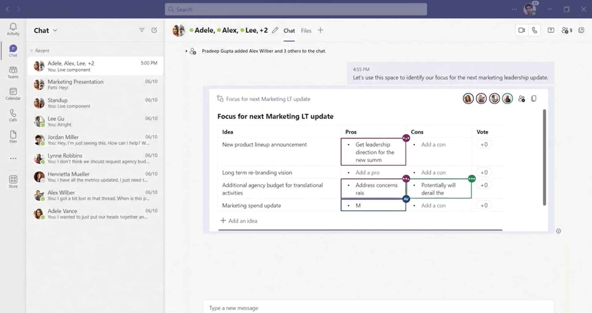 Tela di votazione tabellare di Microsoft Loop