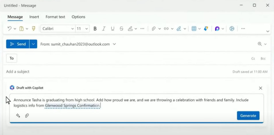 Ejemplo de prompt para generar un nuevo correo en Outlook