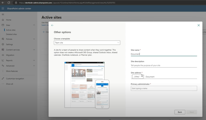 Creazione di un sito di team senza gruppo Microsoft 365 dall'Admin Center di SharePoint