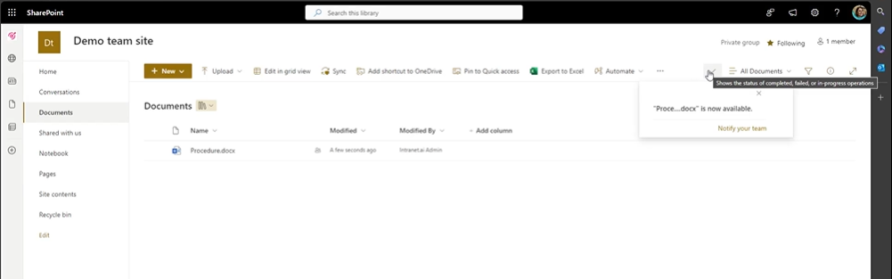 Loading status for a new document in a SharePoint document library