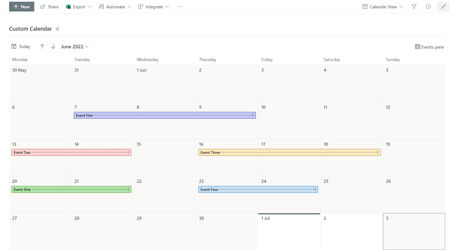 Oversigt over en Microsoft SharePoint-kalender