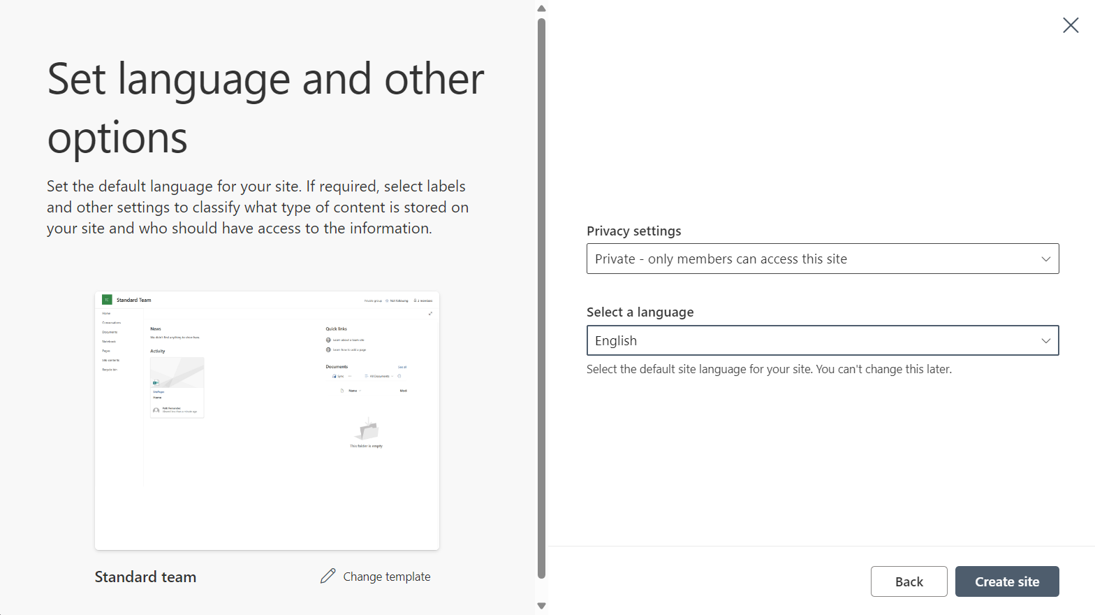 Ulteriore finestra di configurazione per un sito di team standard