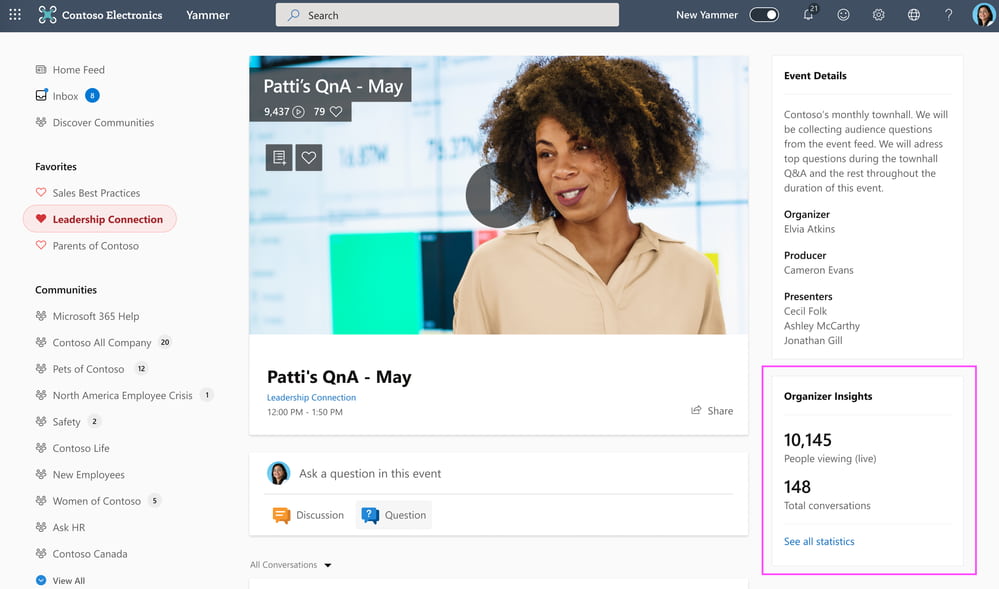 Live Events con Organizer Insights in Microsoft Yammer