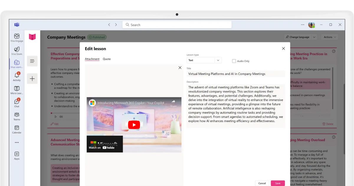 Inserire contenuti video nelle lezioni di Microlearning di intranet.ai