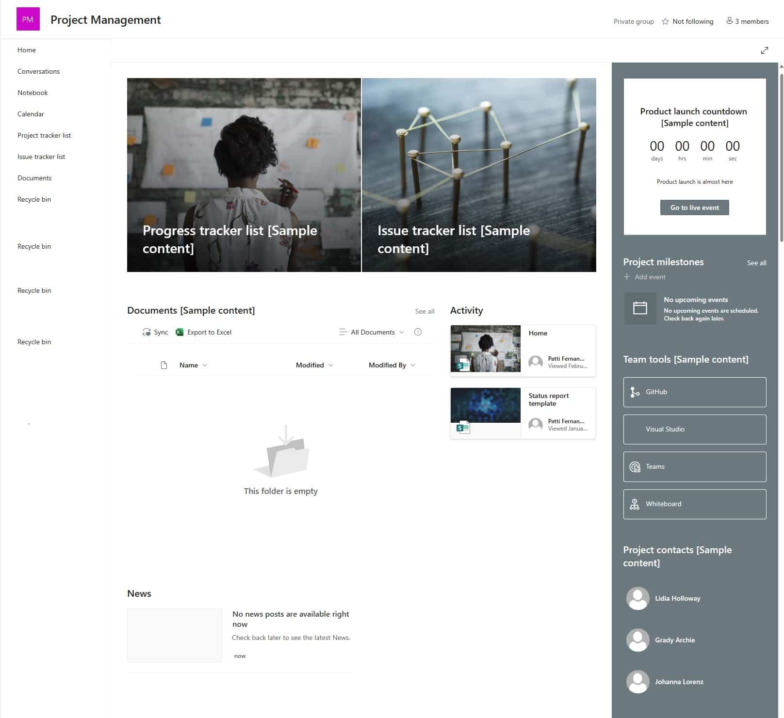 Modello per creare un sito SharePoint di project management