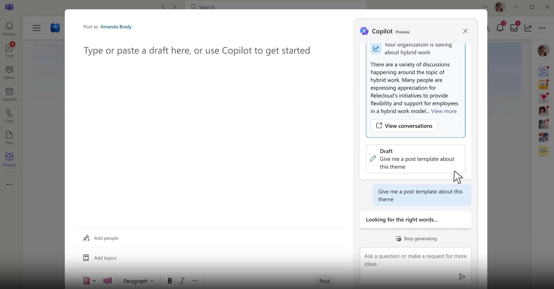 Drafting di un post con Copilot in Viva Engage